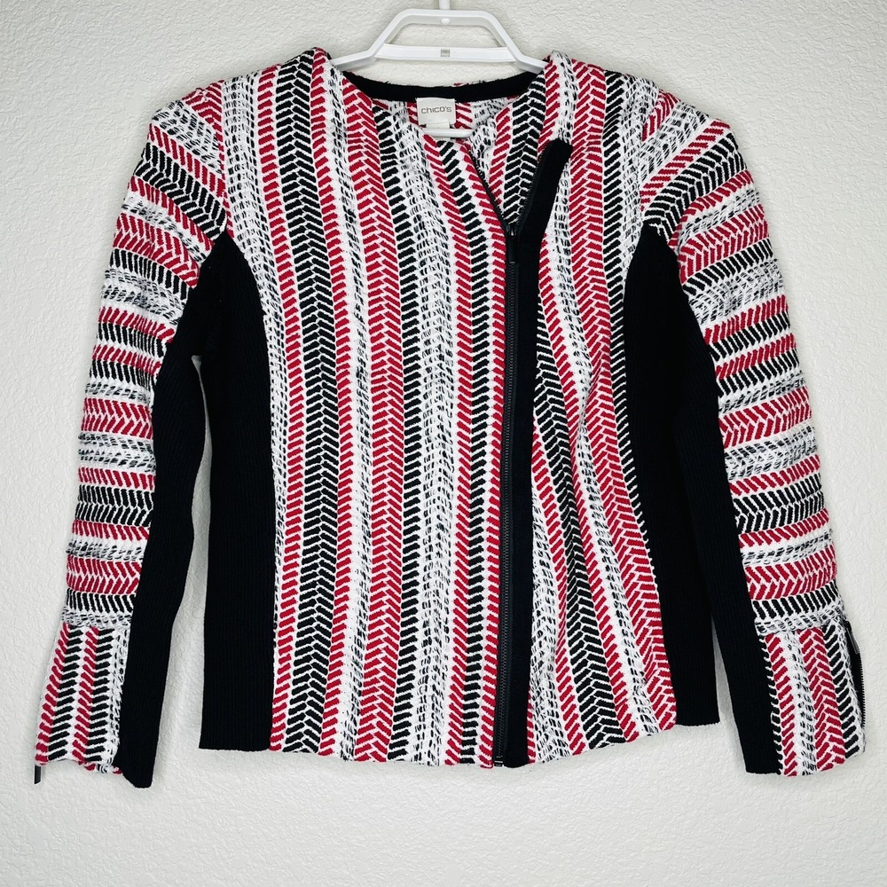 Chico's Womens Sweater Moto Jacket Size 1 L/S Red White Black Side Zip No Collar